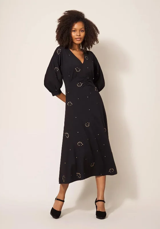 White Stuff Megan Embroidered Jersey Midi Dress, Black Button-front Midi Skirt