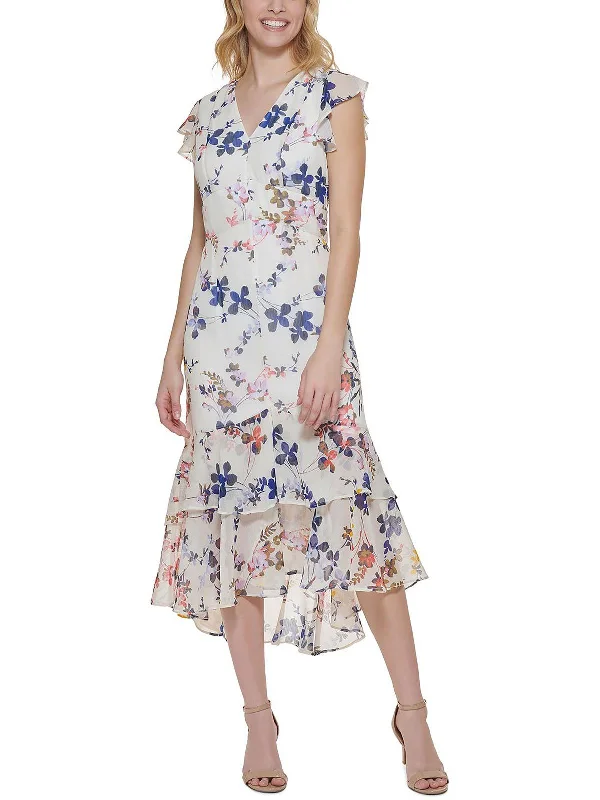 Womens Floral Ruffled Midi Dress Vintage Midi Skirt