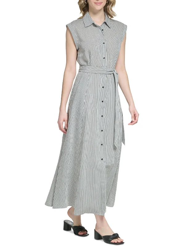 Womens Striped Sleeveless Shirtdress Simple Shirt Dress